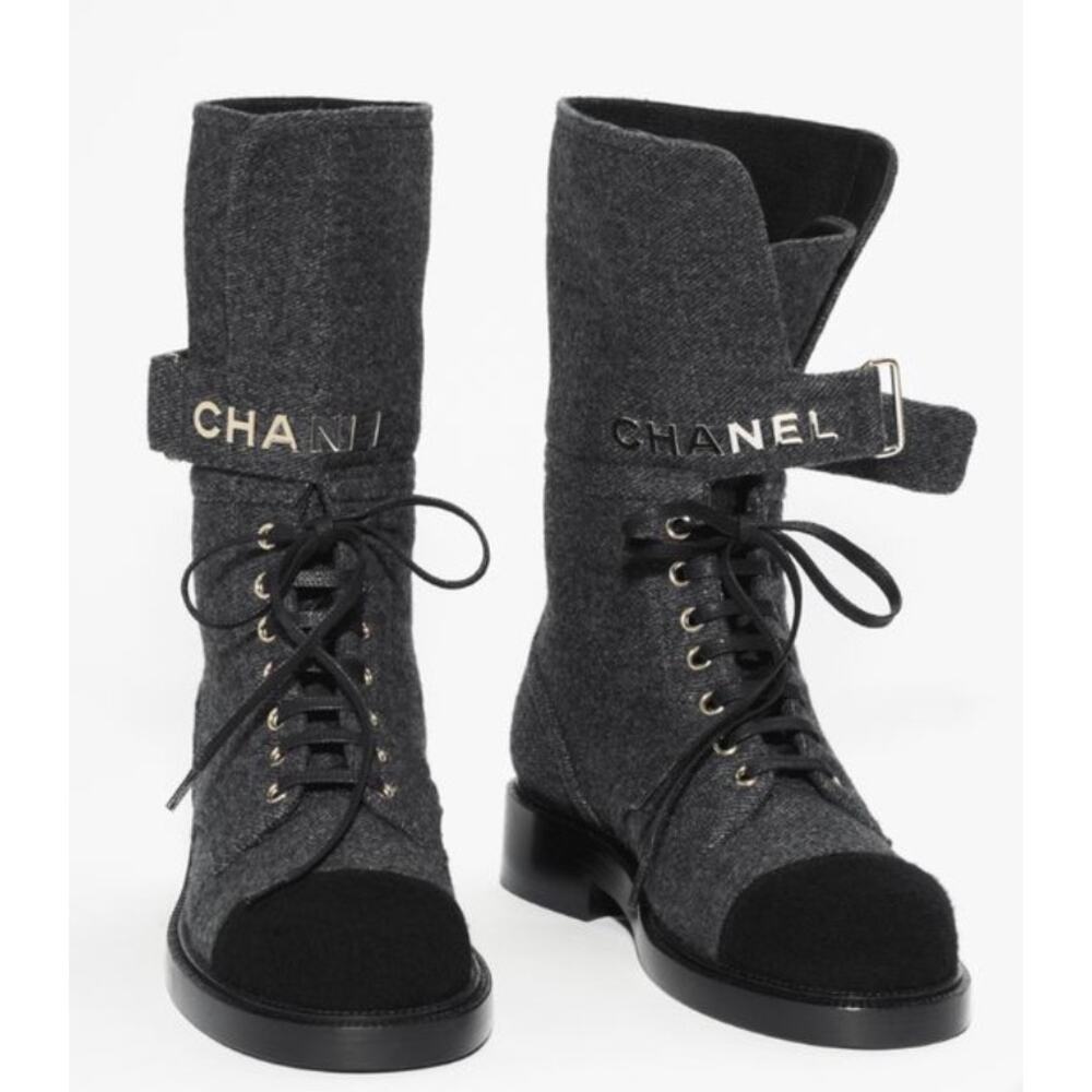Chanel 2021 Interlocking CC Cap Toe Tweed Logo Combat Boots
